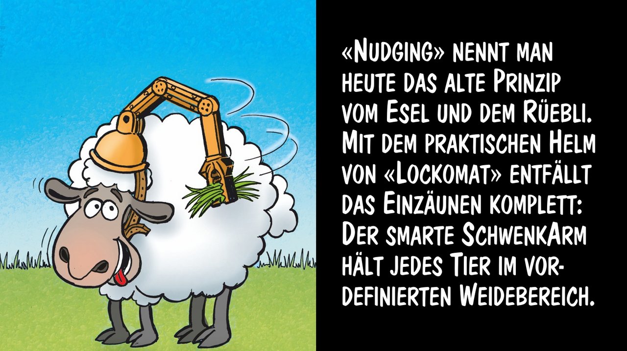 Der «Lockomat» sorgt dafür, dass Nutztiere die Weide nicht verlassen. Cartoon: Marco Ratschiller/Karma
