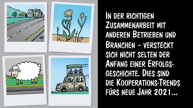 Kooperationstrends für das Jahr 2021 – Cartoon von Marco Ratschiller/Karma Das sind die Kooperationstrends fürs Jahr 2021. Cartoons: Marco Ratschiller/Karma