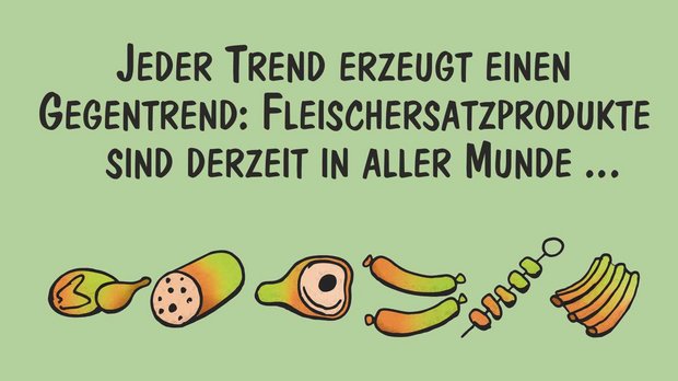 Fleischersatz-Produkte im Fokus – Cartoons Marco Ratschiller/Karma Jeder Trend erzeugt einen Gegentrend – auch Fleischersatz-Produkte. Marco Ratschiller/Karma zeigt, was alles möglich ist.