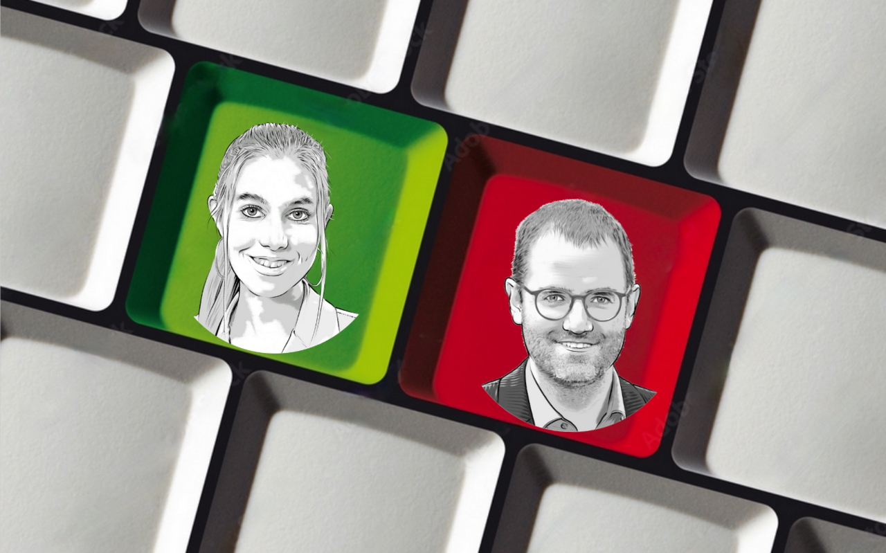 Porträtzeichnungen von Meret Schneider und Michel Darbellay auf einer Computer-Tastatur.