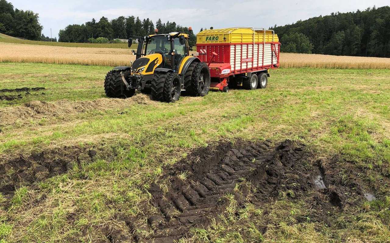 Der Valtra G 135 V ist wegen den teilweise heiklen Böden mit Doppelrädern ausgerüstet und der Silierladewagen hat ein 8-fach-Fahrwerk.