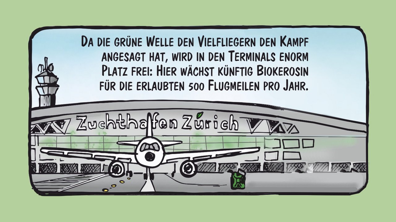 Biokerosion aus dem Zuchthafen: Cartoon von Marco Ratschiller / Karma.