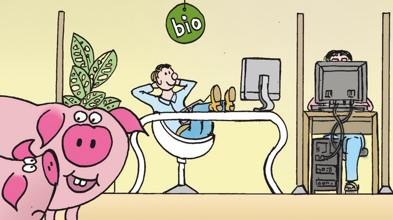 Cartoon: Marco Ratschiller/KarmaDie beiden Schweine werfen einen Blick hinter die Kulissen. 