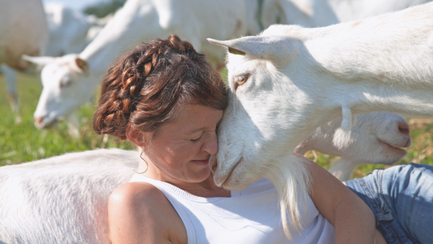 Eine Ziege «küsst» die Ziegenhirtin.