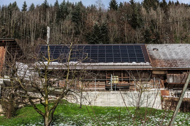 Ein Teil der 31 kWp-Photovoltaik-Anlage ist auf dem Stallgebäude platziert und der andere Teil auf einem weiteren Betriebsgebäude. Bild: Pia Neuenschwander 