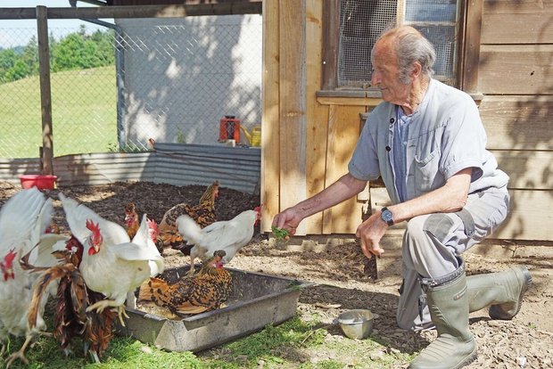 Der 82-jährige Werner füttert die Hühner und Enten. Er lebt seit drei Jahren in der Wohngemeinschaft Aemisegg im Toggenburg SG, vorher hat er allein einen kleinen Betrieb geführt.