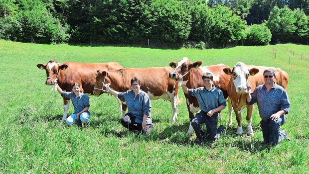 In der Familie Mast sind alle leidenschaftliche SF-Züchter. Rechts Mast’s Benua Baileys, Mutter von KB-Stier Mast’s Behrami P, und die vierte Generation 100 000er-Kuh. 