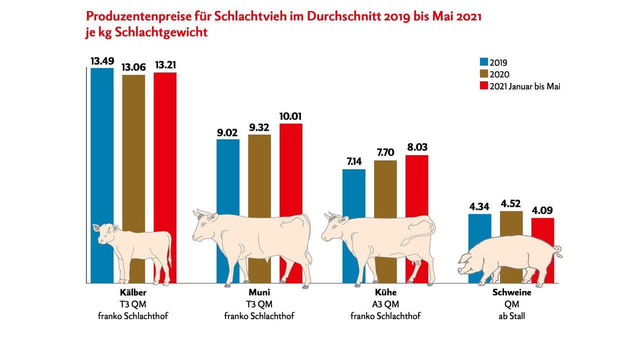 Die Preise für grosses Schlachtvieh und Schweine stiegen im Coronajahr 2020 kräftig an und bleiben auch im Sommer 2021 stabil dank der steigenden Bevölkerungszahl in der Schweiz. Quelle: Agristat